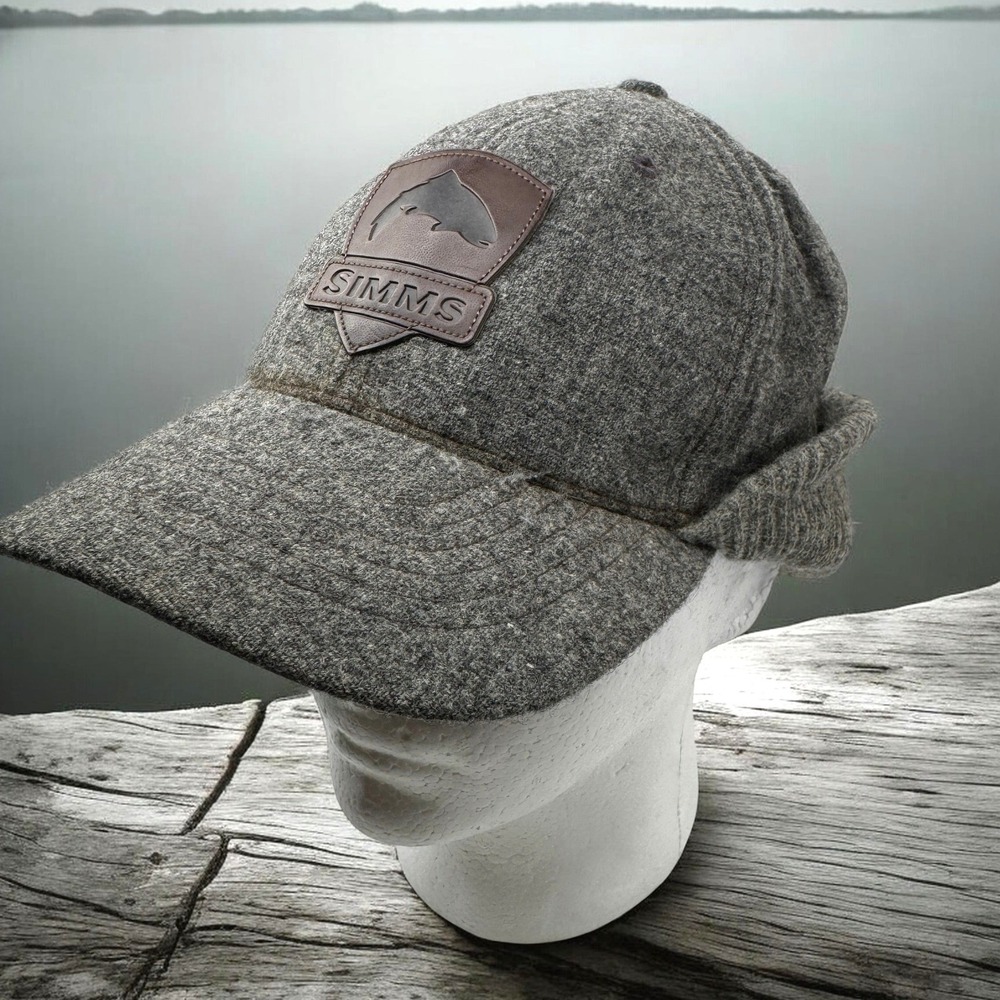 Simms Wool Blend Earflap Hat Men L-XL Fishing Winter Cold Weather Gray Cap Fly